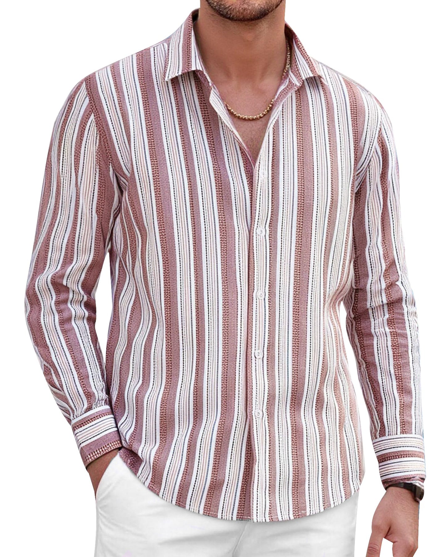 HOTAlex Vando Mens Linen Shirts Long Sleeve Button Down Striped Beach Shirt | Breathable Skin-Friendly Anti-Shrink Fabric, Classic Stripes For Casual Style, All-Day Comfort, Easy Care