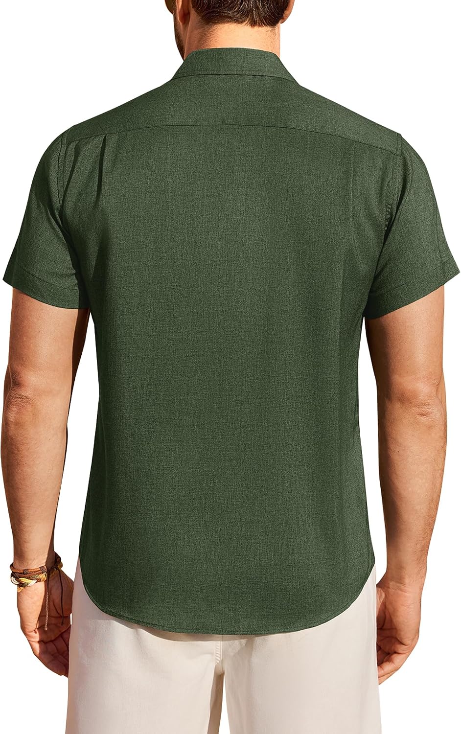 HOTMens Linen Shirt Short Sleeve Wrinkle Free Casual Untucked Button Down Shirts Beach Breathable Tops Summer