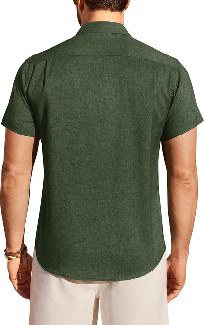 HOTMens Linen Shirt Short Sleeve Wrinkle Free Casual Untucked Button Down Shirts Beach Breathable Tops Summer