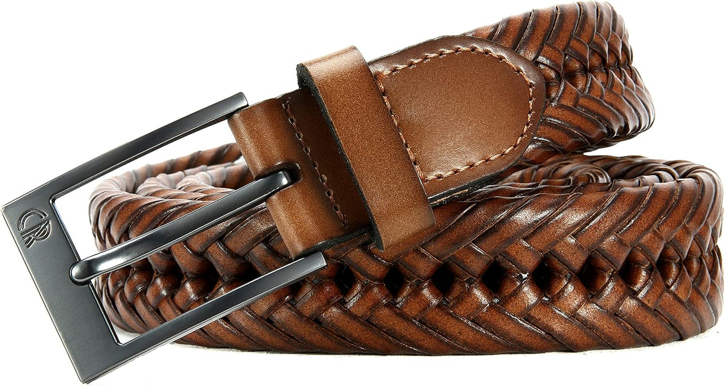 HOTCHAOREN Leather Braided Belts for Men - 1 1/8" Mens Casual Woven Leather Belt for Dress Pant