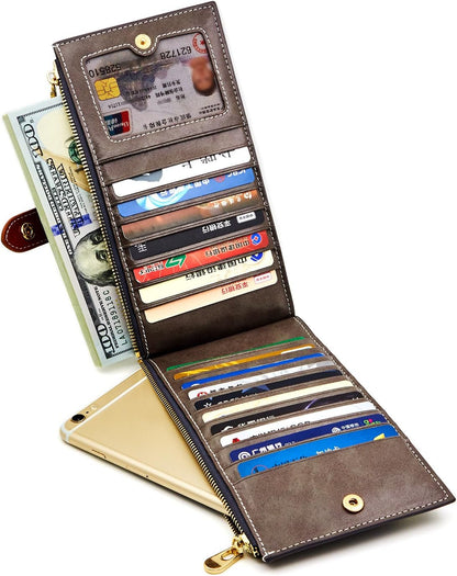 HOTANDOILT Women's Genuine Leather Wallet RFID Blocking Credit Card Holder Zipper Purse Cell Phone Handbag