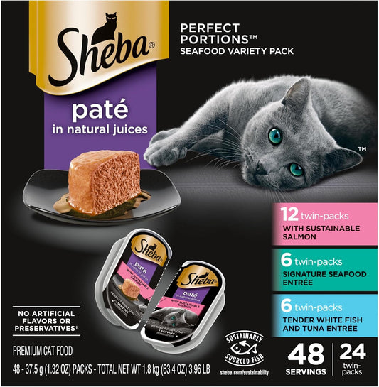 HOTSheba Perfect Portions Pate Wet Cat Food, Seafood Variety, 2.6 oz, 24 ct | Grain-free, made in USA, Sustainable Salmon, Signature Seafood & Whitefish Tuna, no artificial flavors, twin-pack trays