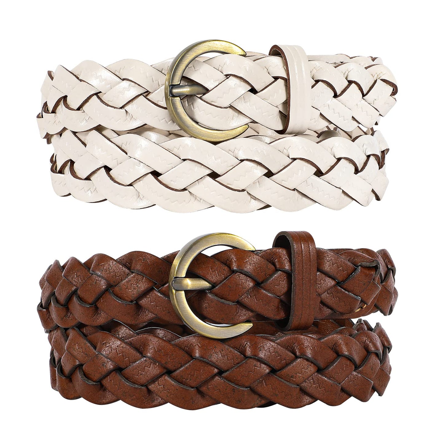 HOTXZQTIVE 2 Pieces Women's Braided Leather Belts Casual 0.9" Skinny Woven Belt for Jean Pant
