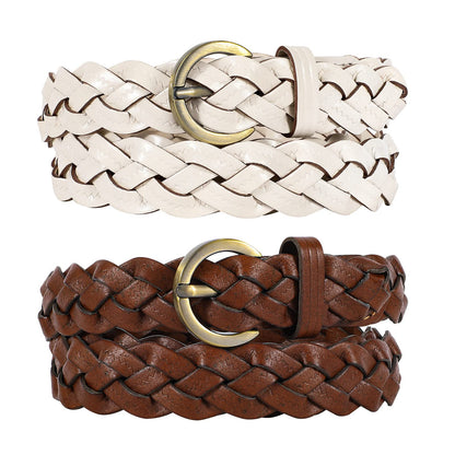 HOTXZQTIVE 2 Pieces Women's Braided Leather Belts Casual 0.9" Skinny Woven Belt for Jean Pant