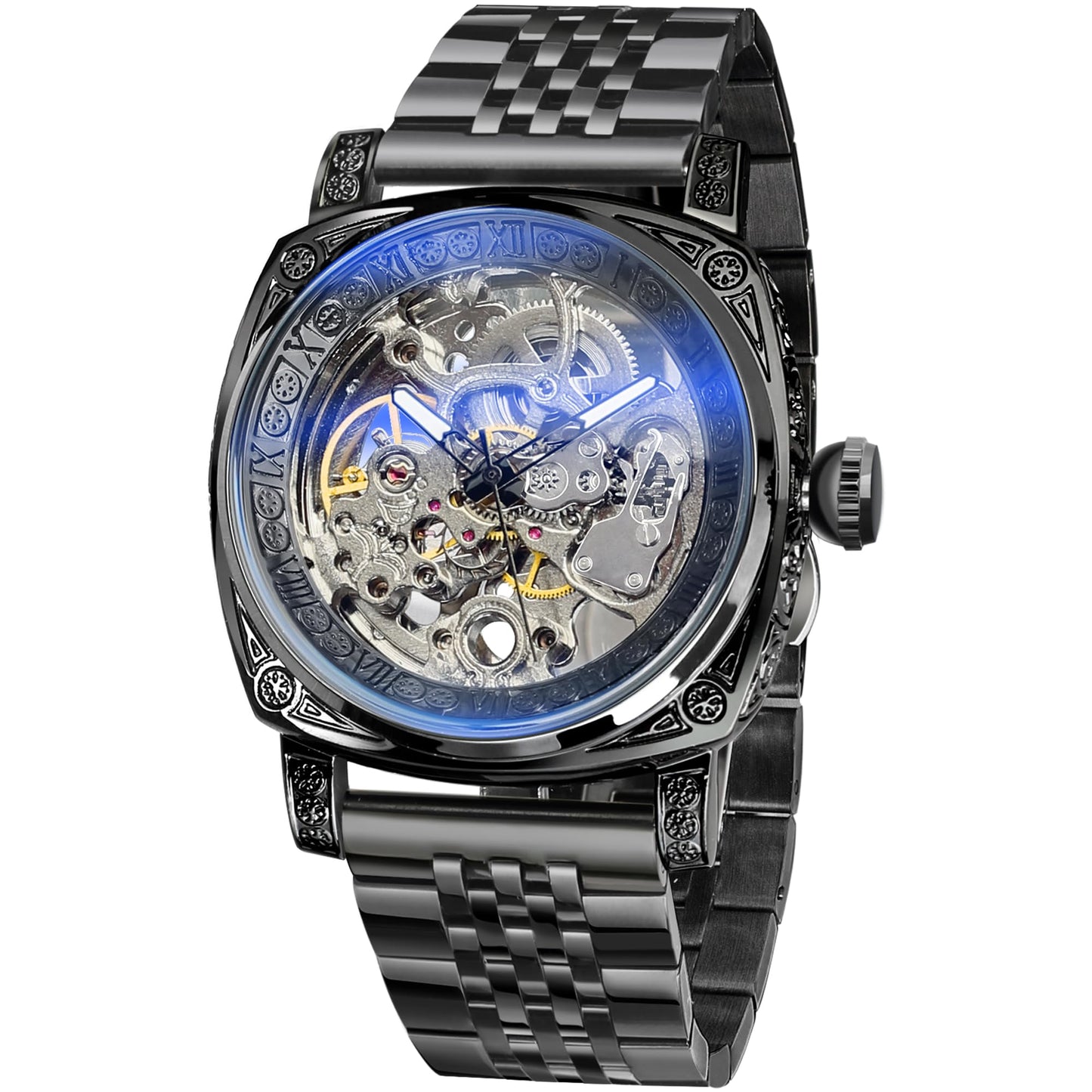 HOTFORSINING Watches for Man, Square Retro Mechanical Watch Self-Wind Carved, Skeleton Automatic Watches Vintage Leather Strap Wristwatch
