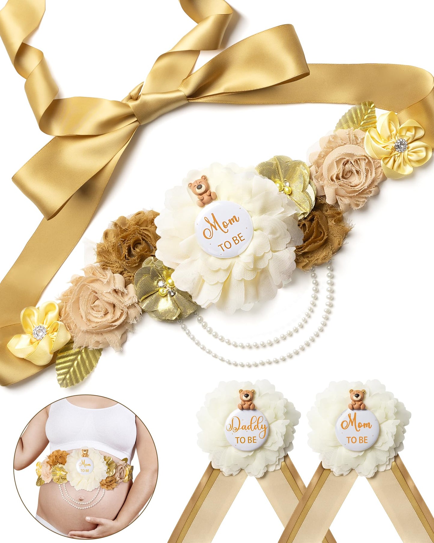 HOTBaby Shower Sash Decorations Mom to Be Corsage Gift Dad to Be Pin 3Pack Set Flower Belt for Maternity Dress - Gender Reveal Pregnancy Photo Props
