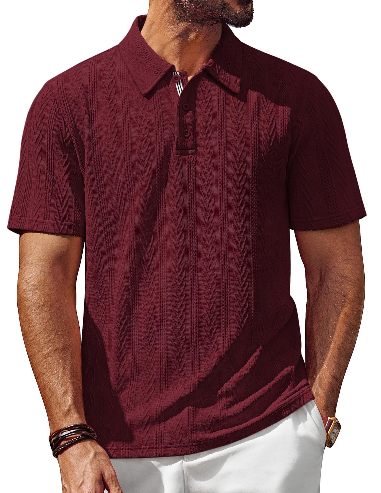 HOTPJ PAUL JONES Mens Polo Shirts Short Sleeve Knit Polo | Textured Knit Polo Shirt, Contrast Striped Placket, Golf Collared, Regular Fit, Stretchy, Wrinkle-free, Breathable, Old Money