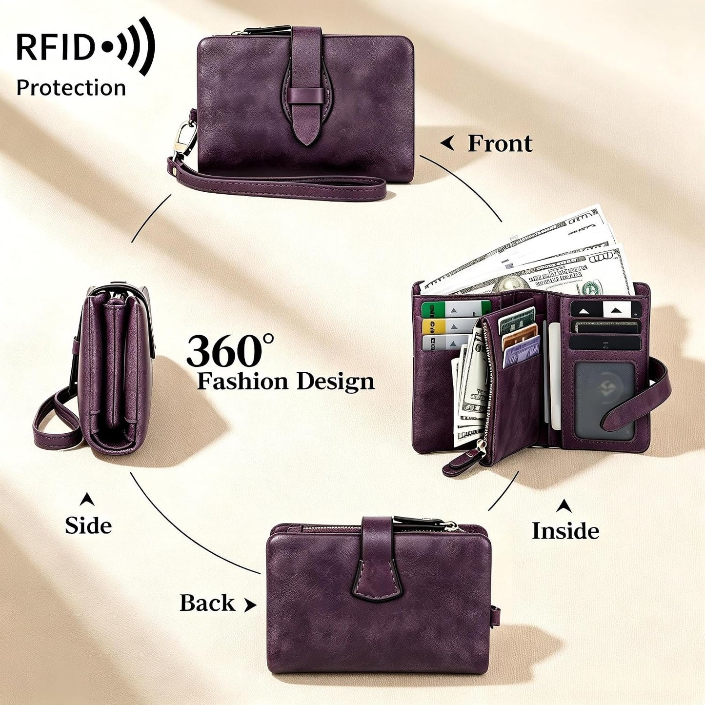 HOTSmall RFID Blocking Wristlet Wallet for Women – Soft PU Leather Bifold Trifold Wallet with 16 Card Slots, ID Window, Zipper Coin Pocket & Money Holder (Purple)