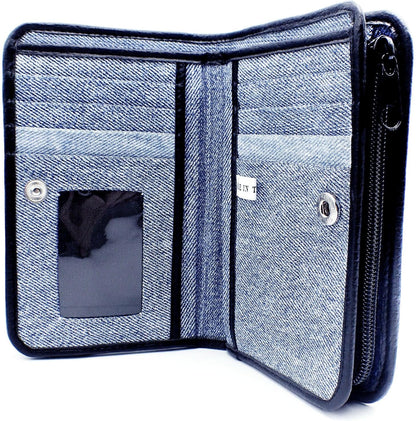 HOTUpcycling Blue Denim Bifold Money Zip Coin Card Holder Organizer Compact Wallet for Women