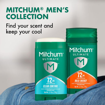 HOTMitchum Ultimate 72HR Odor Protection Men’s Antiperspirant & Deodorant, Long-Lasting Freshness, Invisible Solid, No White Residue Left on Skin, Clean Control, 2 pack