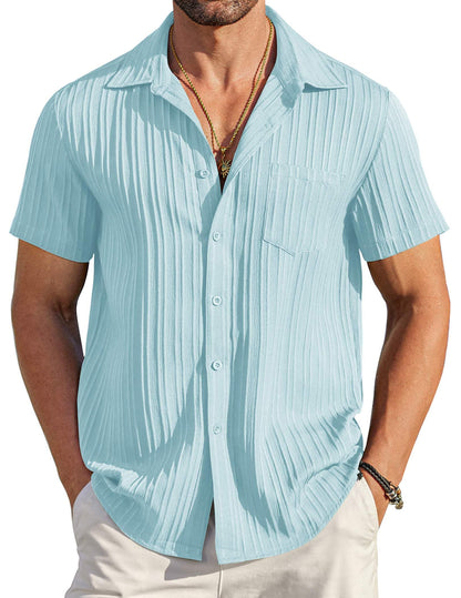 HOTCOOFANDY Men's Casual Button Down Shirts Short Sleeve Textured Summer Beach Shirt with Pocket
