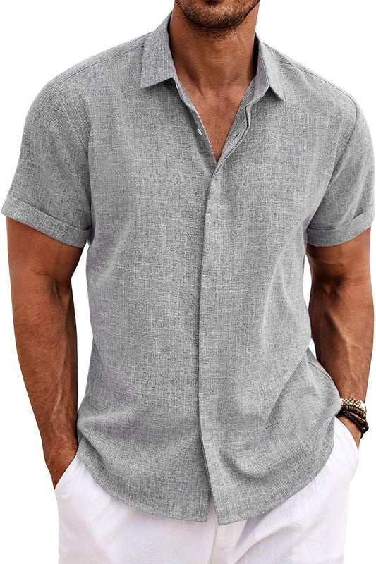 HOTCOOFANDY Men's Linen Shirts Short Sleeve Casual Shirts Button Down Shirt for Men Beach Summer Wedding Shirt