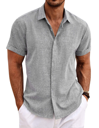 HOTCOOFANDY Men's Linen Shirts Short Sleeve Casual Shirts Button Down Shirt for Men Beach Summer Wedding Shirt