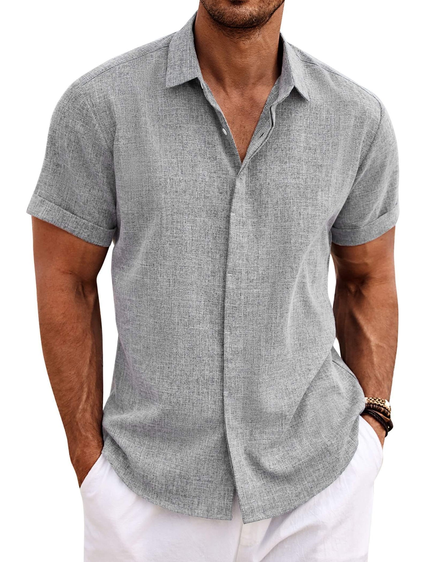 HOTCOOFANDY Men's Linen Shirts Short Sleeve Casual Shirts Button Down Shirt for Men Beach Summer Wedding Shirt