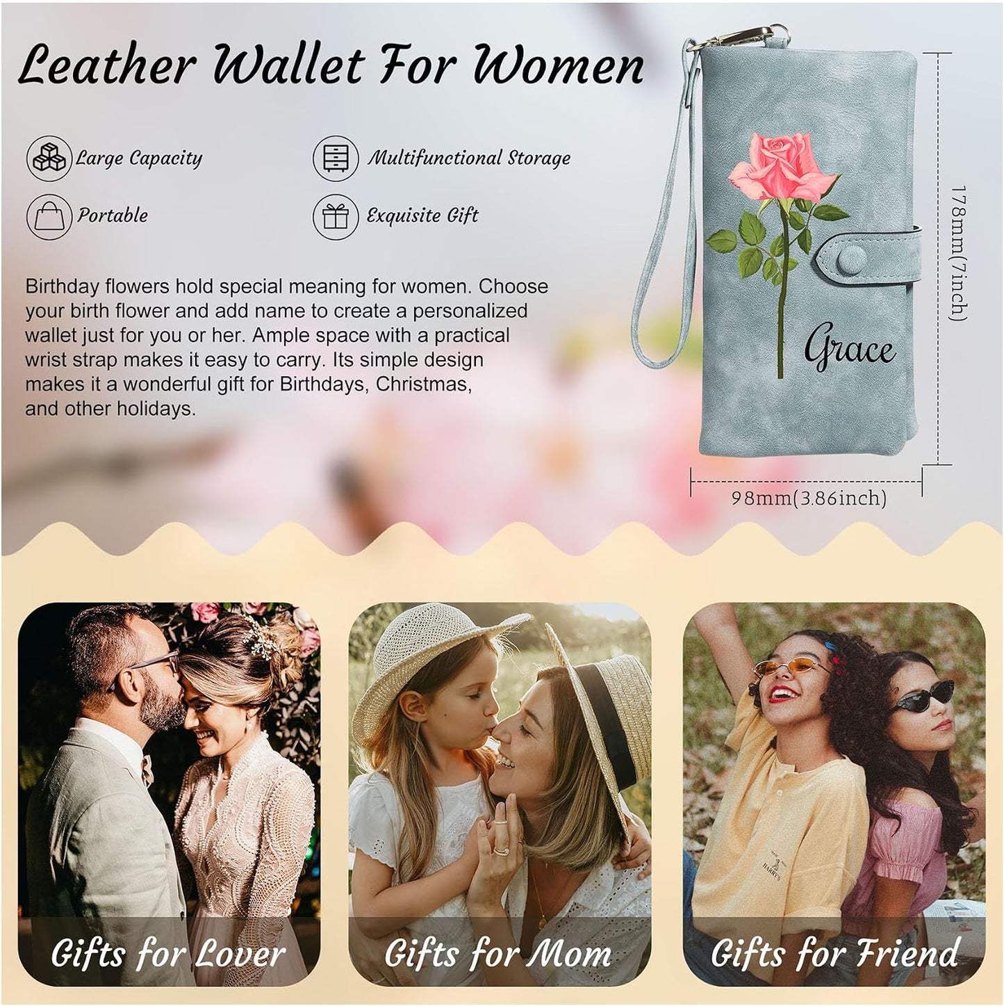 HOTMMXX Personalized Floral Wallet for Women PU Leather Wallet Wristlet with Birth Flower and Name Large Capacity Floral Purse Birthday Gifts for Mom Wife Girlfriend (A1)