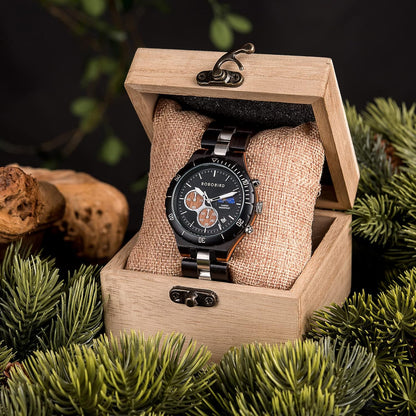 HOTBOBO BIRD Mens Quartz Wooden Watches Stainless Steel Red Sandalwood Alloy Wood Watch for Male Classic Function Wristwatch Chronograph Luminous Hands Day and Night Date Display