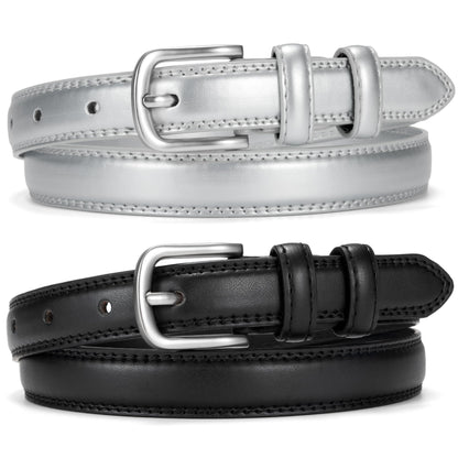 HOT2 Pack Leather Belts for Women Trendy, Women's Belts for Jeans Pants Dresses with Silver Buckle