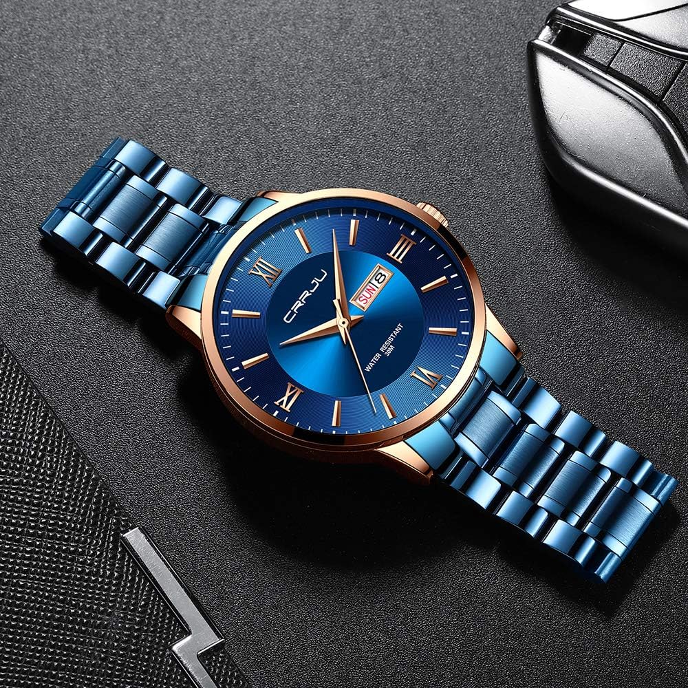 HOTCRRJU Men's Fashion Luxury Stainless Steel Watches for Men Business Auto Date Chronograph Analog Quartz Wristwatches
