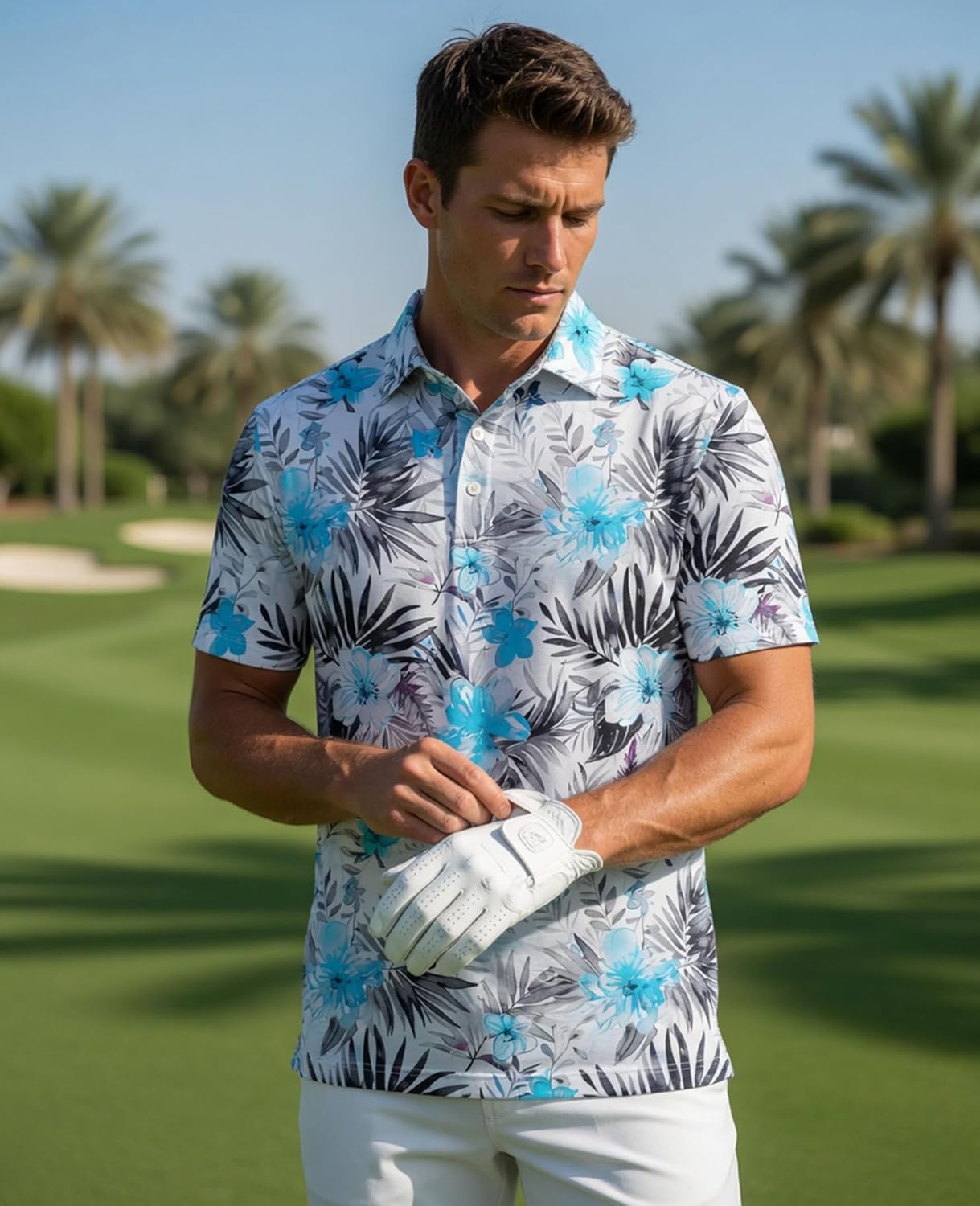 HOTHodaweisolp Golf Shirts for Men Dry Fit Print Moisture Wicking Performance Short Sleeve Polo Shirt