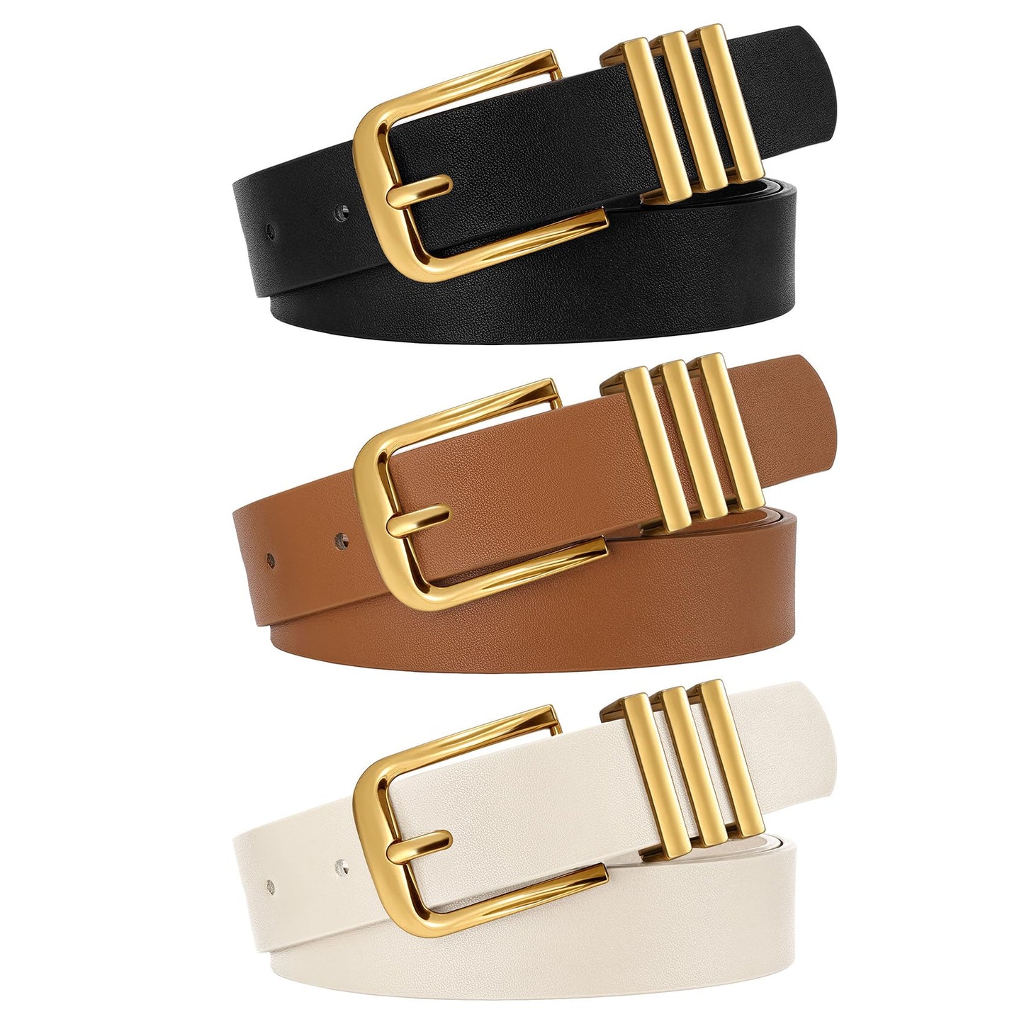HOTWERFORU 3 PACK Women Belt Women Fashion Leather Belts for Jeans Pants Ladies Belts with Gold Buckle