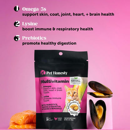 HOTCat Multivitamin Crunchy Creamy Chews - Daily Cat Vitamins with Lysine, Prebiotics, Omega 3 Fish Oil - Cat Treats for Immune Support, Skin Coat, Digestion, Heart + Joint Health (30-Day Supply)