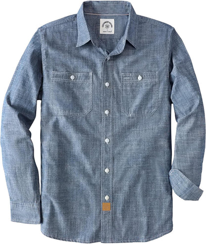 HOTDubinik® Chambray Shirt Men Cotton Mens Long Sleeve Button Down Shirts | Lightweight, Soft, Comfortable, Casual, Work, Breathable, 2 Pockets, Regular Fit, Vintage, Spring, Summer, Fall, Winter