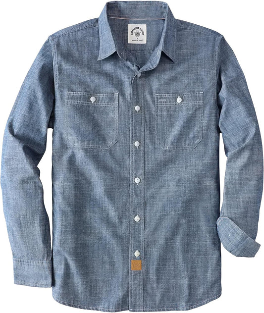 HOTDubinik® Chambray Shirt Men Cotton Mens Long Sleeve Button Down Shirts | Lightweight, Soft, Comfortable, Casual, Work, Breathable, 2 Pockets, Regular Fit, Vintage, Spring, Summer, Fall, Winter