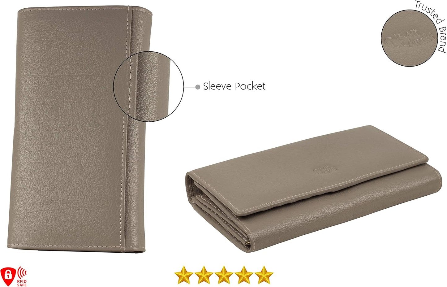 HOTWomen's Top Grain Leather Wallet, RFID Blocking Bifold clutch, 17 Card Slots, Zip Pocket Organizer, Elegant Gift for Women — Birthday, Valentine, Anniversary - TAUPE