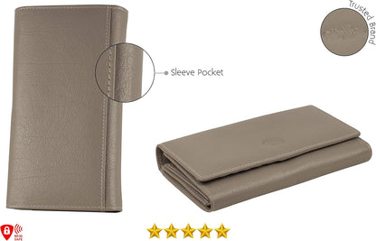 HOTWomen's Top Grain Leather Wallet, RFID Blocking Bifold clutch, 17 Card Slots, Zip Pocket Organizer, Elegant Gift for Women — Birthday, Valentine, Anniversary - TAUPE