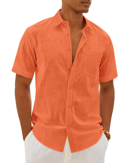 HOTMens Linen Textured Shirt Cotton Short Sleeve Summer Button Down Shirts | 100% Cotton, Linen-look Texture, Casual Wear, Breathable Feel, Lightweight, Untucked, Regular Fit, Beach, Vacation, Resort