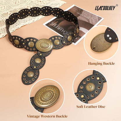 HOTLEACOOLKEY Hollow Western Disc Belt for Dress Boho Concho Belt Vintage Country Waist Belts for Women