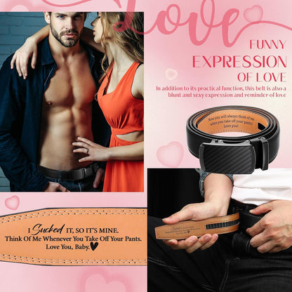 HOTMens Belt Personalized Engraved I Sucked It So Its Mine Belt Leather Slide Ratchet for Husband Wedding Dress Casual