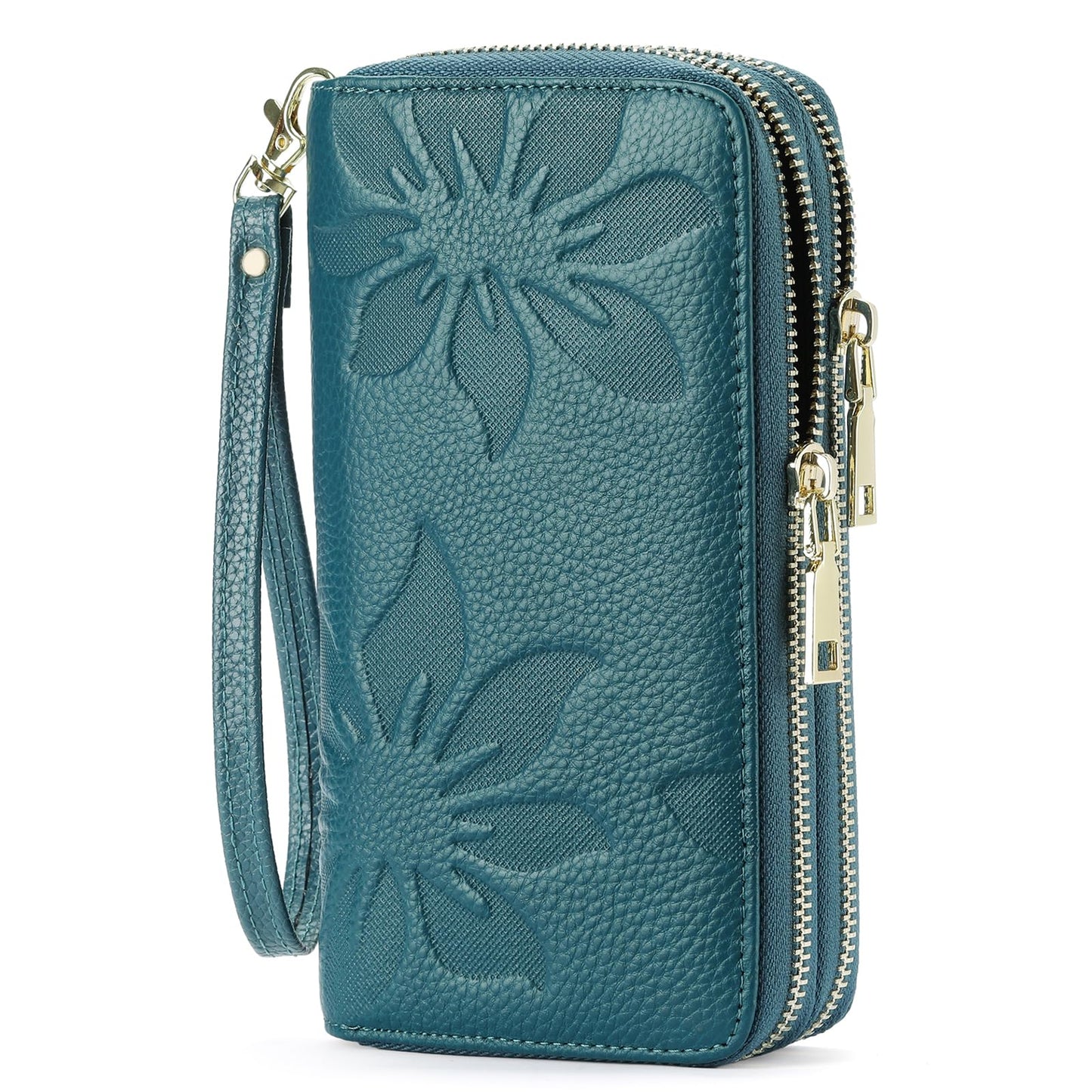 HOTGOIACII Women's Wallet Large Capacity Double Zip Ladies Card Phone Holder RFID Blocking Wristlet Leather