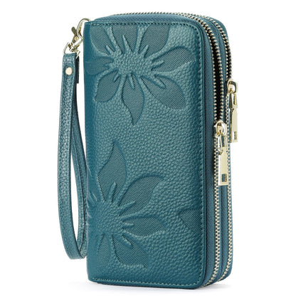 HOTGOIACII Women's Wallet Large Capacity Double Zip Ladies Card Phone Holder RFID Blocking Wristlet Leather