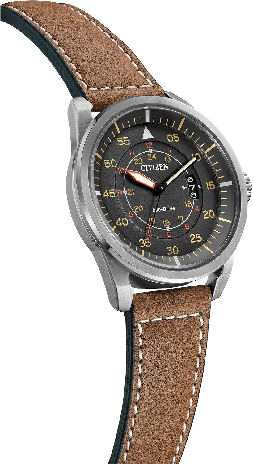 HOTCitizen Men’s Eco-Drive 3-Hand Date Avion Watch with Leather Strap (Style: AW1361:10H)