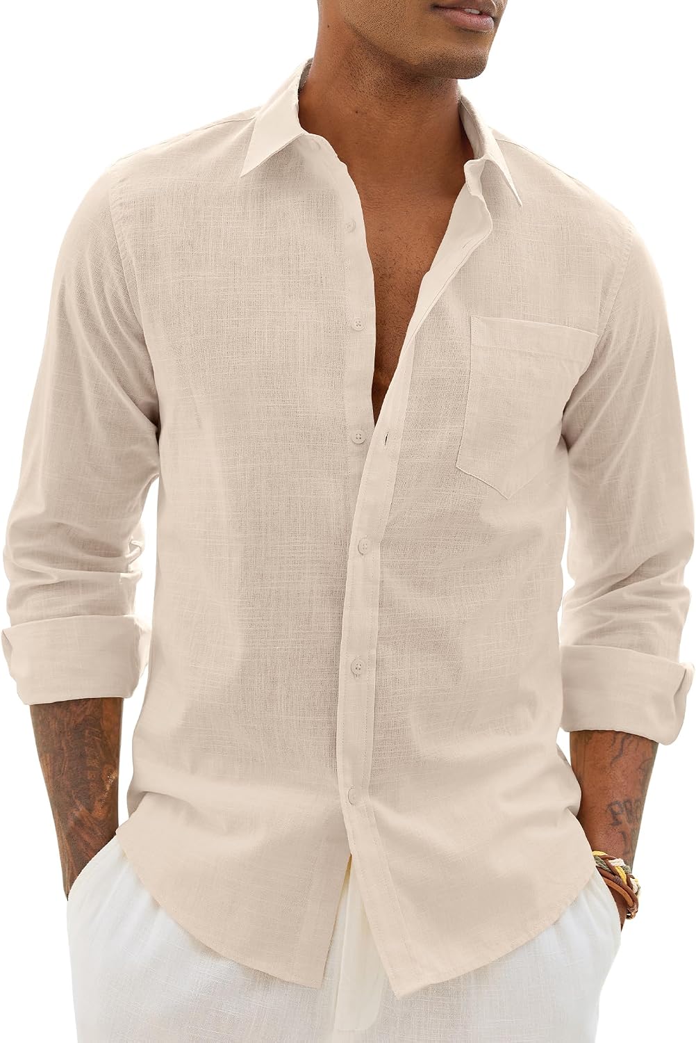 HOTAlimens & Gentle Mens Cotton Linen Textured Shirt Long Sleeve Button Down Shirts Casual Summer Beach Wedding Tops with Pocket