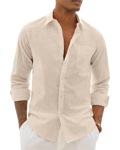 HOTAlimens & Gentle Mens Cotton Linen Textured Shirt Long Sleeve Button Down Shirts Casual Summer Beach Wedding Tops with Pocket
