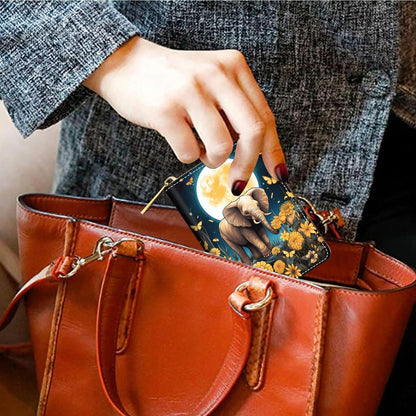 HOTCredit Card Holder Wallets for Women, Slim Leather Card Holder Wallet, Credit Card Wallet Organizer, Pocket Business Card Case with Zipper, Elephants and Flowers Under the Moon