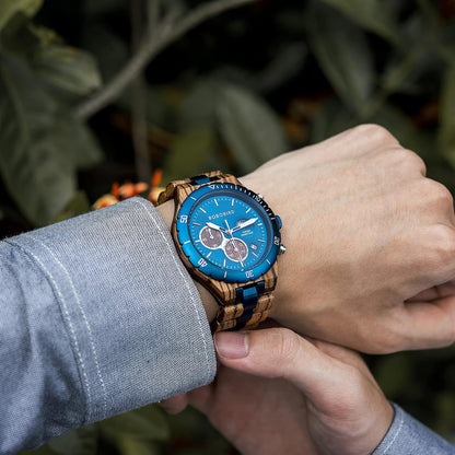 HOTBOBO BIRD Mens Quartz Wooden Watches Stainless Steel Red Sandalwood Alloy Wood Watch for Male Classic Function Wristwatch Chronograph Luminous Hands Day and Night Date Display