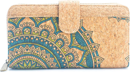 HOTNatural cork zipper wallet, vegan wallet Eco friendly gift, lightweight durable (Green Mandala)