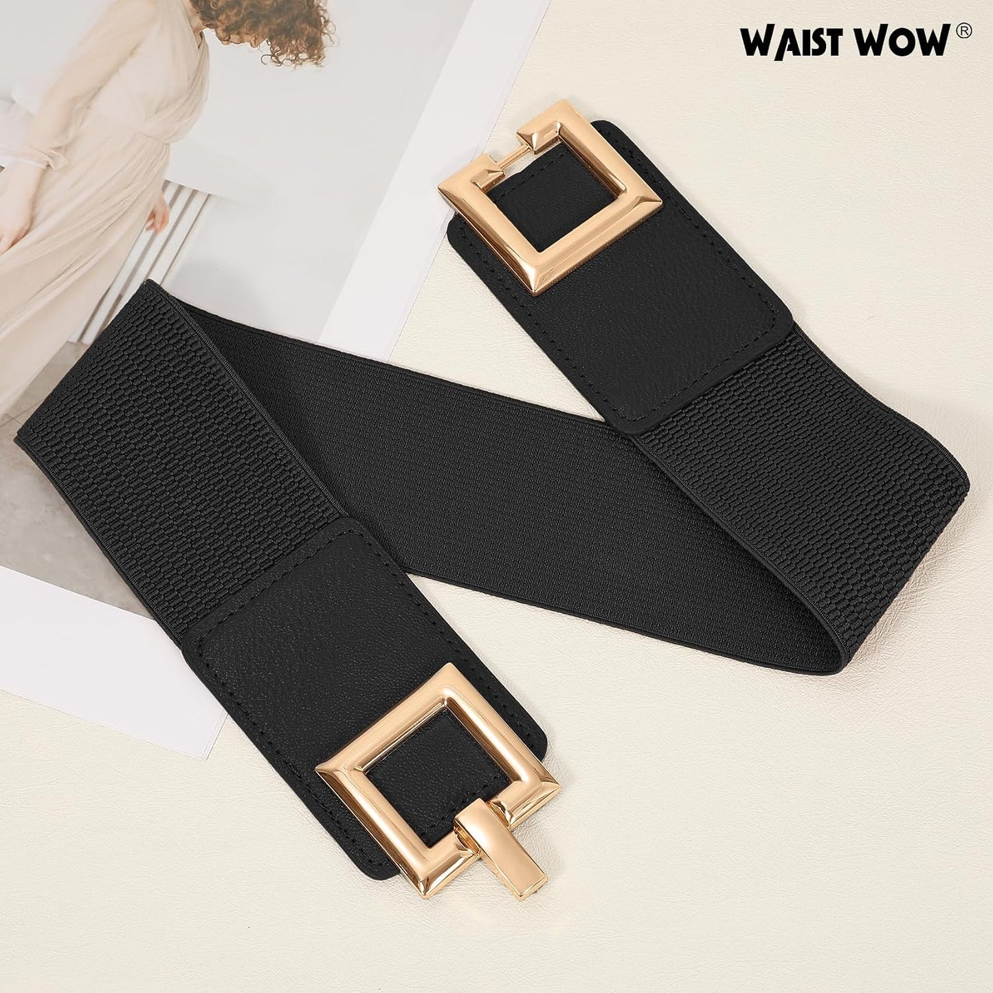 HOTWide Belts for Women Fashion Elastic Belt for Dresses Vintage Waist Belt Ladies Stretchy Belt Gold Buckle