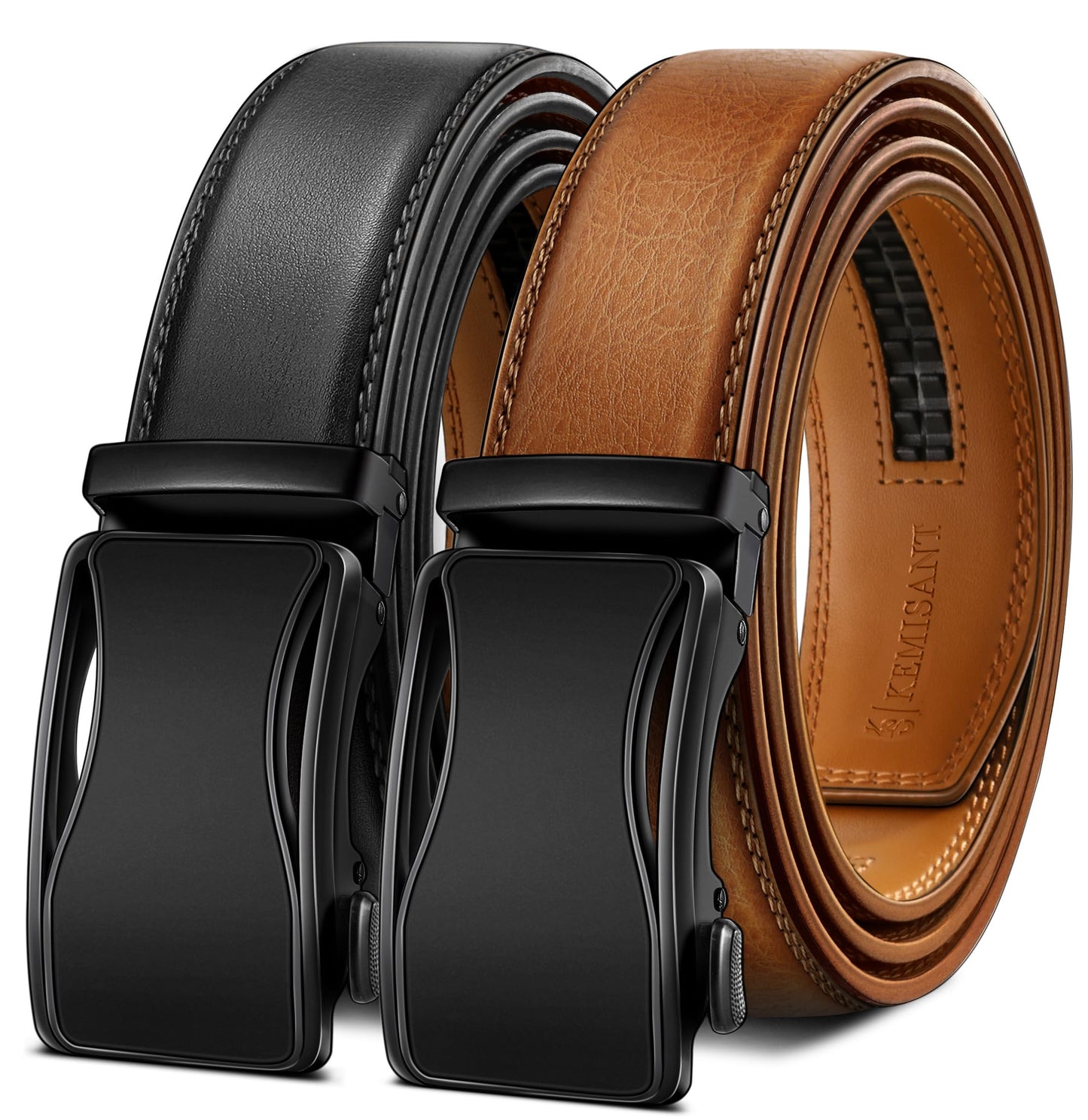 HOTKEMISANT Men's Ratchet Leather Belt 2Pack-Trimmable 1 3/8“-Gift Boxed | Smooth Sliding | Micro Adjustable Fit | Tailored Size | Holeless Understated Elegance