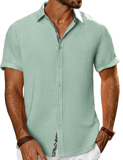 HOTPJ PAUL JONES Mens Short Sleeve Button Down Shirts Casual Summer Clothing | Linen Textured, Summer Beach Vacation Tops, Untucked Dress Shirt, Lightweight, Regular Fit, Fashion Resort Wear