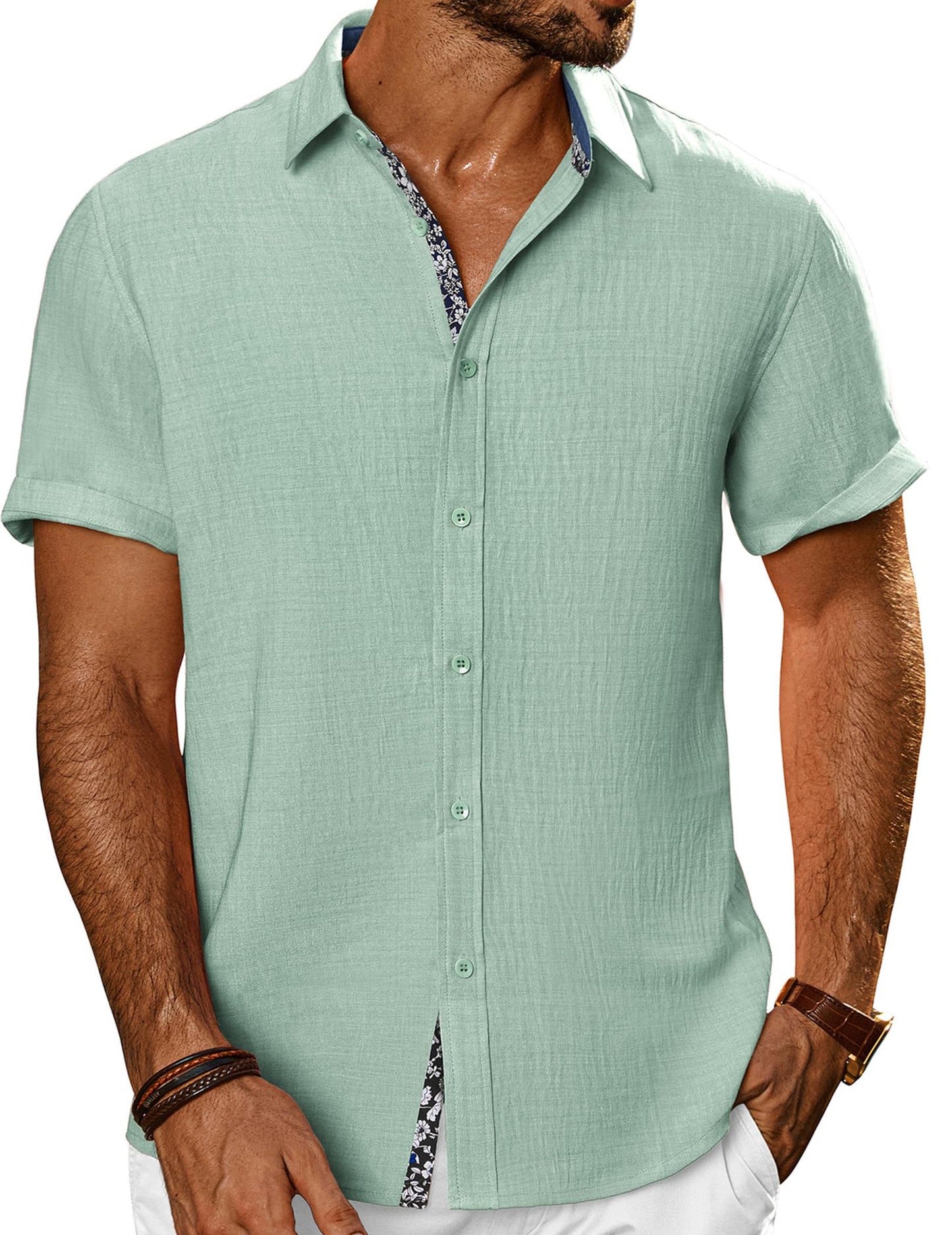 HOTPJ PAUL JONES Mens Short Sleeve Button Down Shirts Casual Summer Clothing | Linen Textured, Summer Beach Vacation Tops, Untucked Dress Shirt, Lightweight, Regular Fit, Fashion Resort Wear