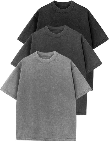 HOTFlygo 3 Pack Men Oversized T Shirts Acid Washed Unisex Tee Loose Fit Short Sleeve Casual Streetwear Baggy Basic Tops