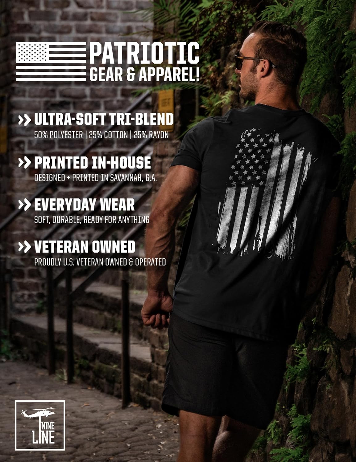 HOTNine Line American Flag T-Shirt for Men, USA Made Patriotic Shirt | Military Veteran Shirt, Freedom Shirt, 9 Line Apparel, America
