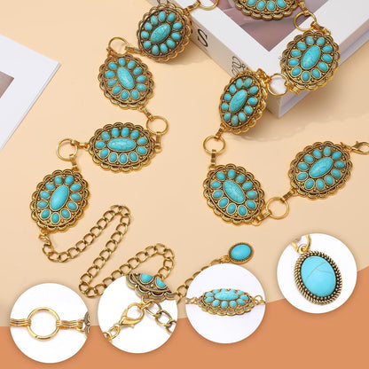 HOTWestern Turquoise Belt for Women Boho Cowgirl Concho Metal Belt for Country Concert Outfit Vintage Jewelry