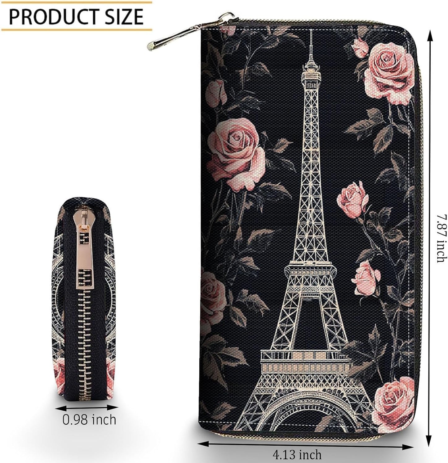 HOTBxgolkgd Womens Wallet, RFID Blocking Leather Wallet,Large Capacity Wallet Credit Card Holder PU Leather Ladies Clutch with Zipper Coin Pocket - Paris Eiffel Tower Rose