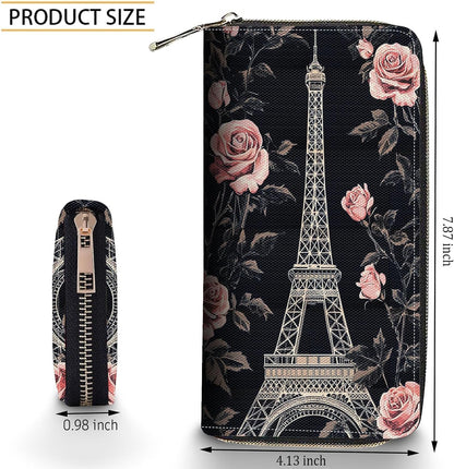 HOTBxgolkgd Womens Wallet, RFID Blocking Leather Wallet,Large Capacity Wallet Credit Card Holder PU Leather Ladies Clutch with Zipper Coin Pocket - Paris Eiffel Tower Rose
