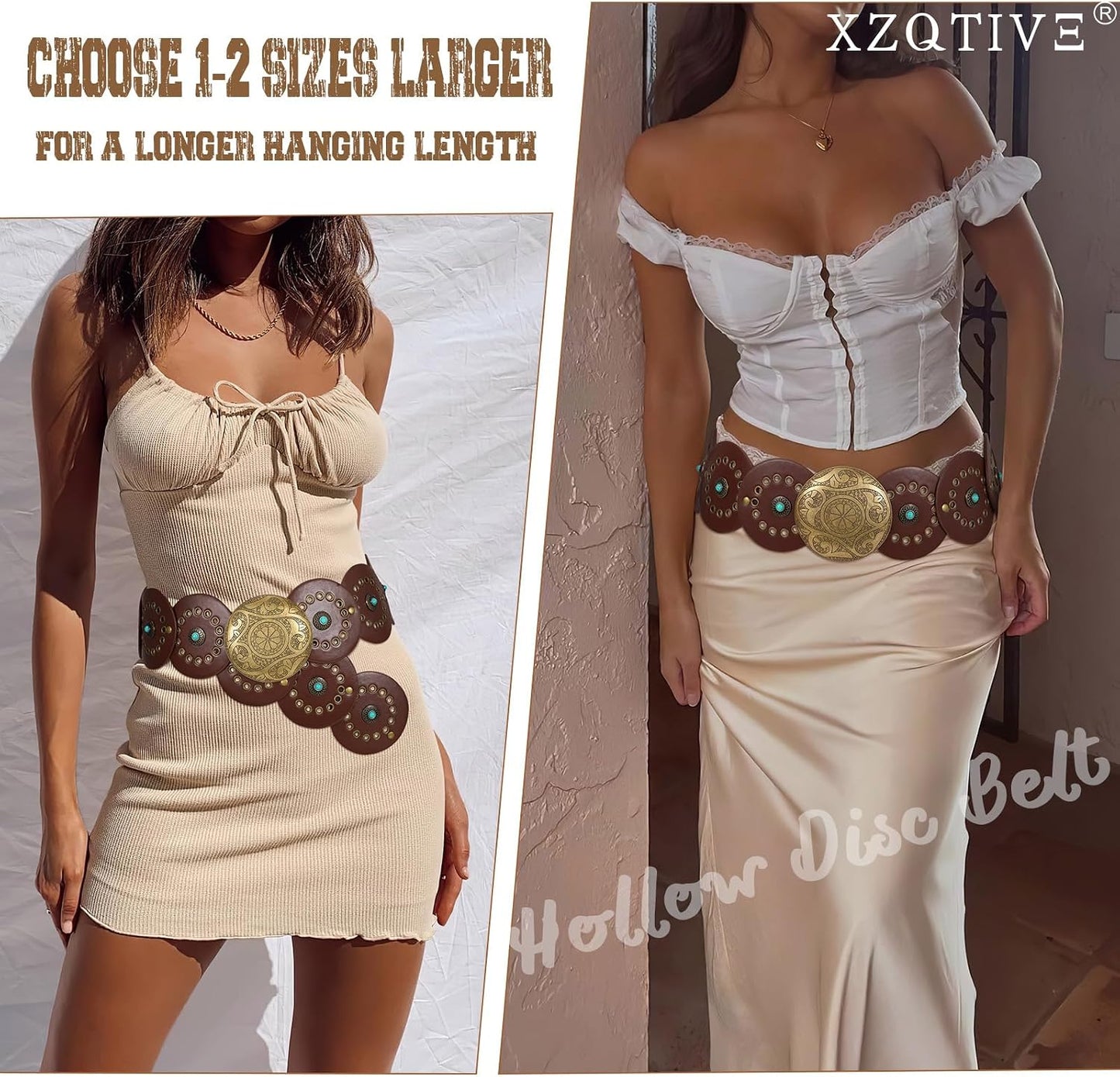HOTXZQTIVE Western PU Leather Belts for Woman Concho Cowgirl Cowboy Disc Belt for Ladies Wide Boho Country Waist Belts for Dress